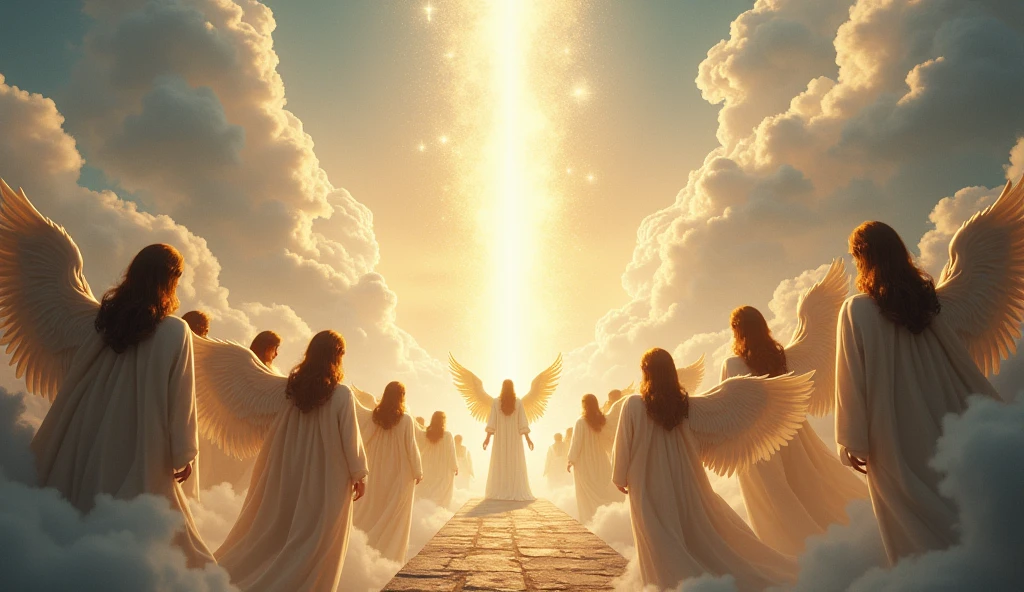 Create a dramatic, realistic scene that depicts a heavenly moment described in Job 1:6. The image must show an assembly of angelic beings, representing the children of God, in an atmosphere of divine light and serenity. At the center, a shining throne symbolizing the presence of the Lord. Ao lado do trono, Satan is represented in an imposing way, but with a sly expression, contrasting with the purity of the angels around him. The scenery should include white clouds and a celestial glow, reflecting the majesty of the sky. The color palette should include golden tones, azuis e brancos, evoking a sense of reverence and mystery.