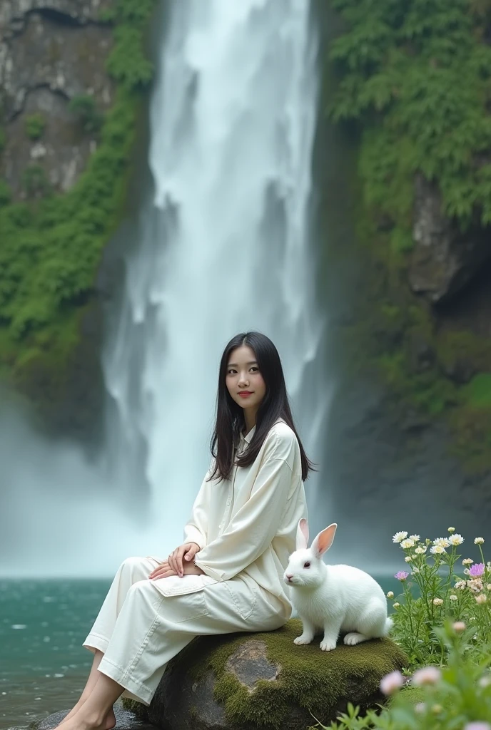 Beautiful Korean girl with white skin. well-groomed face, sitting pose on a rock next to a very large waterfall, dikelilingi bunga kecil berwarna hijau, and big rabbits roam around the flowers, smiled faintly, rambut hitam diikat, hudle rajutan hijau zaitun, decorated with rabbit motif , White Cropped Pants with Lots of Pockets, feet dangling into the rushing water , cool watch, the background of the waterfall surrounded by cliffs overgrown with green moss,beautiful flowers and vast mountains. original and realistic photos