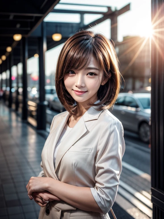 Tabletop, Highest quality, Realistic, Very detailed, finely, High resolution, 8k wallpaper, Cinema Lighting、1 person、Beautiful Japanese Woman、30 years old、light brown straight bob hair, Wear a business suit, (Blurred Background、Station platform、noon、Light of the sun)、Sharp focus, Perfect dynamic composition, Narrow eyes:1.5, finelyて美しい目, Thin Hair, Detailed and Realistic skin texture, (smile:1.3), (Tilt your head), Close-up portrait, Model body type