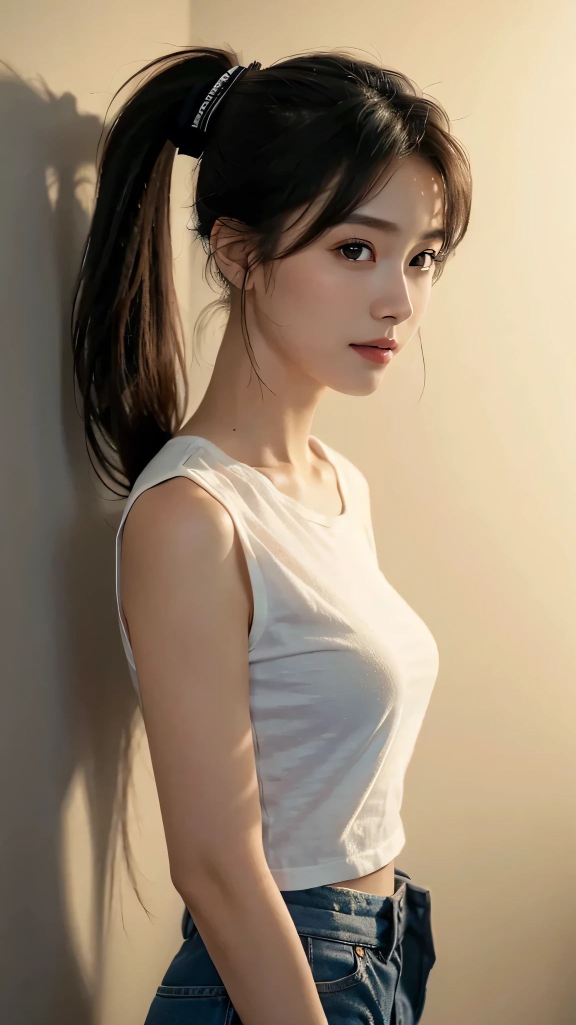 Full body shot,White T-shirt,Half pants,Stand straight ahead,Background is black wall wall,Body in front,masutepiece, The highest image quality, High quality, the background is clear,Beautiful woman, Japanese, Detailed, Ultra-detailed, finely detail, hight resolution, 8K Wallpaper, Perfect dynamic composition, Beautiful detailed eyes ,Detailed eyes, Detailed skin, Beautiful skin, 超hight resolution, (reality: 1.4),Very beautiful woman, Slightly younger face, Beautiful skin, slender, (Ultra photo realsisim), (hight resolution), (8K), (Very detailed) (beautifully detailed eyes), (super detailed), (Detailed face), view the viewer, Fine details, Detailed face, Staring straight ahead, Staring straight ahead, photos realistic, Bright lighting, Professional Lighting, Black hair,poneyTail,a baby face,sixteen years old,Hairstyle: ponytail,Long ponytail hairstyle,slight smile,
