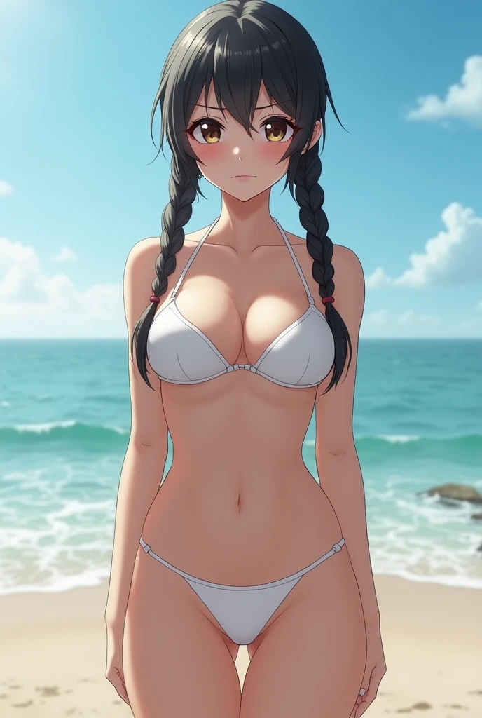 Realistic、detailed、concentrated、Professional Lighting、very cute、beautiful girl、Japanese、、Braided twin tails、Small breasts、(Broad shoulders)、(wide waist width)、(Big Ass)、Glamour、White micro bikini、Full body image、Beach、Stand facing us、Crying face、deep navel、(Front lighting)、SLR