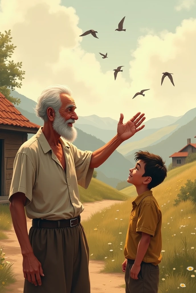 The old man is waving to his son and saying something