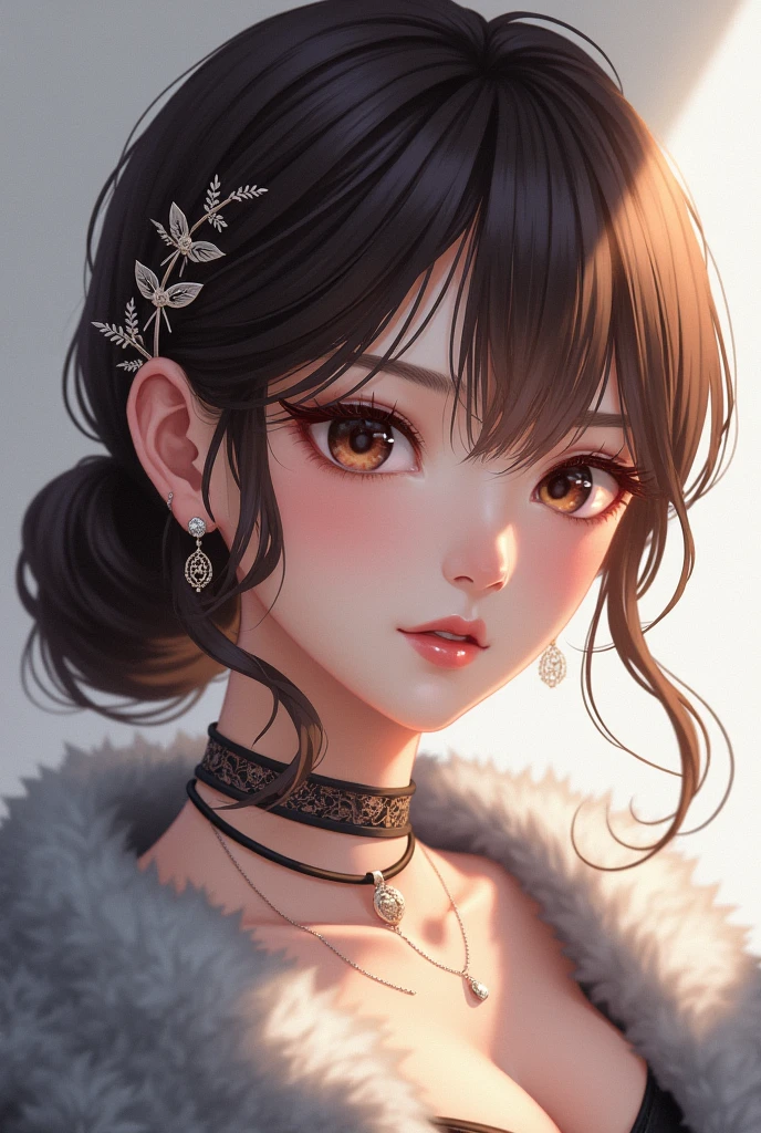 Beautiful, ultra-detailed, illustration, Intricate, detailed, extremely detailed, detailed face, luz outfiting, luz outfit, soft focus, perfect face, beautiful, precise anatomy, overexposure, 8k, 4k, (High resolution:1.1), Best Quality, (masterpiece:1.3), 1 girl, Alone, jewelry, Brown eyes, looking at the viewer, earrings, gray fur, hits, choker, Closed mouth, portrait, look, hair ornament, simple background, Gray background, by the wide, headrest, Lips, hair bow, black choker, bow, eyelashes