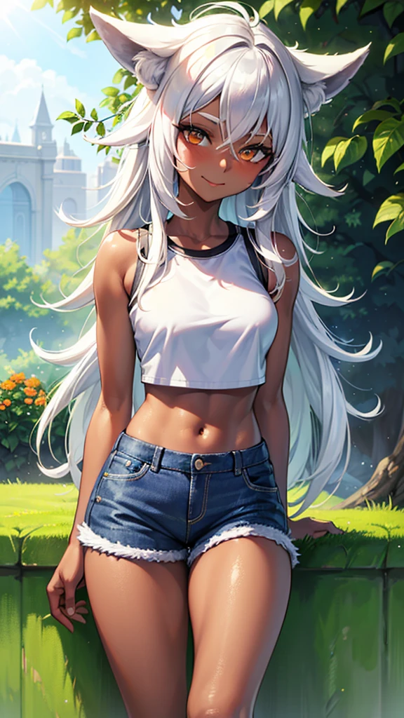 (dark skin,Silver Hair,Fox Girl),(Perfectly detailed face),(Young) ,denim shorts, white crop top,,garden,noon,sweaty,Smirk,High resolution, masterpiece, Highest quality, High resolution