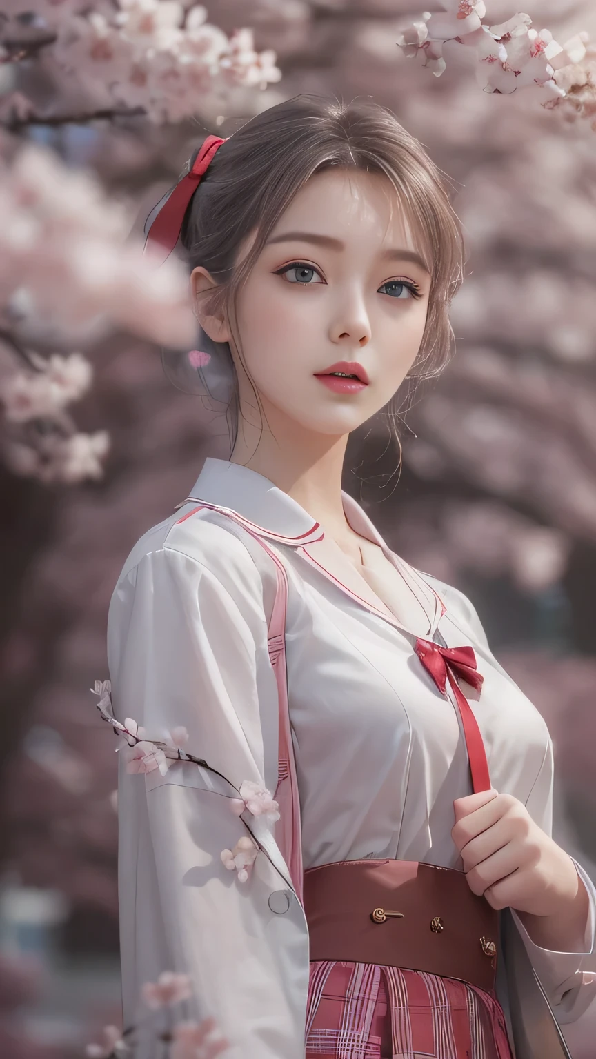 ((Girls standing on a row of cherry blossom trees)),top quality work,Real work,Ultra premium graphics,8K HD CG Works,high quality graphics,High-definition CG works,10x pixels,super fine details:1.1,Advanced technical details:1.1Photo-realistic,indoor lighting effects:1.5,Natural light:1.5. light effect(virtual light effect:1.8),超A high resolution,shiny red dress,長いsilver hair,silver hair,transparent hair,high detail hair(premium hair detail:1.1)clear eyes,beautiful double eyelids,sharp eye makeup, delicate eyelash makeup, thin eyebrows, highly detailed eyes,high nose, nice red lips, rose cheeks, A face with delicate makeup , cute face, perfectly proportioned face,(Advanced facial details:1.1),shiny,Wonderful dress,bright red series,(white blazer) 、(white blouse)、(red bow tie)、(checked skirt)、(My skirt flies up in the wind)、white panties are visible、girls school uniform、photo shoot,woman'artwork of,full body figure,Realism,wonderful,My eyes are shining today、(smile),(Cherry blossom petals are dancing)、((In a blizzard of flowers))、(smile),