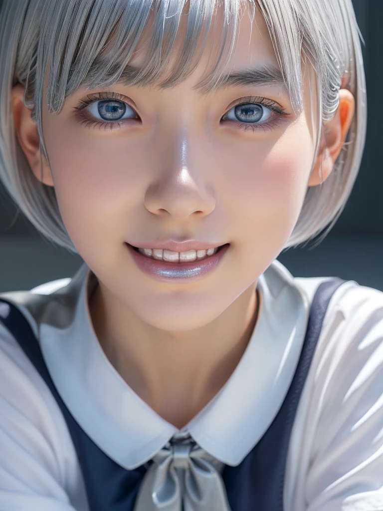NSFW,(a ultra cute beautiful girl wearing highschool uniform:1.5),(charming smile:1.25),large clear light blue eyes,droppy eyes,balanced eyes,transparent white skin,(silver short hair:1.5),photorealistic, 8k, ultra-detailed, masterpiece, realistic, vivid colors, beautiful detailed eyes, beautiful detailed lips, extremely detailed face, intricate details, hyper realistic, cinematic lighting, dramatic shadows, stunning composition, intense atmosphere, highly detailed skin, exquisite facial features, volumetric lighting, raytraced global illumination, physically-based rendering, professional digital art,high resolution fix,(orgasm face:1.25)