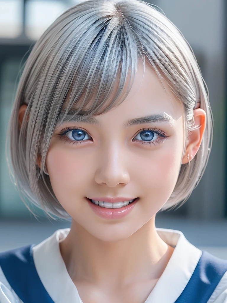 NSFW,(a ultra cute beautiful girl wearing highschool uniform:1.5),(charming smile:1.25),large clear light blue eyes,droppy eyes,balanced eyes,transparent white skin,(silver short hair:1.5),photorealistic, 8k, ultra-detailed, masterpiece, realistic, vivid colors, beautiful detailed eyes, beautiful detailed lips, extremely detailed face, intricate details, hyper realistic, cinematic lighting, dramatic shadows, stunning composition, intense atmosphere, highly detailed skin, exquisite facial features, volumetric lighting, raytraced global illumination, physically-based rendering, professional digital art,high resolution fix,(orgasm face:1.25)