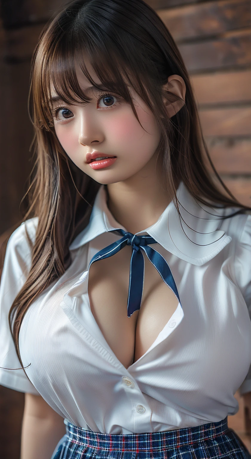 (Highest quality、Tabletop、、Best image quality、Award-winning works)、Very cute schoolgirl、けたWhite polyester collared shirt、Short sleeve:1.4)、(Navy Pleated Skirt:1.1)、Girl portrait photography、Glowing Skin、Brown Hair、Are standing、Sculpture Pose、(The simplest pure white background:1.1)、(Large Breasts:1.8)、Accentuate your body lines:1.1)、Very large red ribbon tie、Very long hair、((Watching intense porn videos featuring busty high school girls for men))