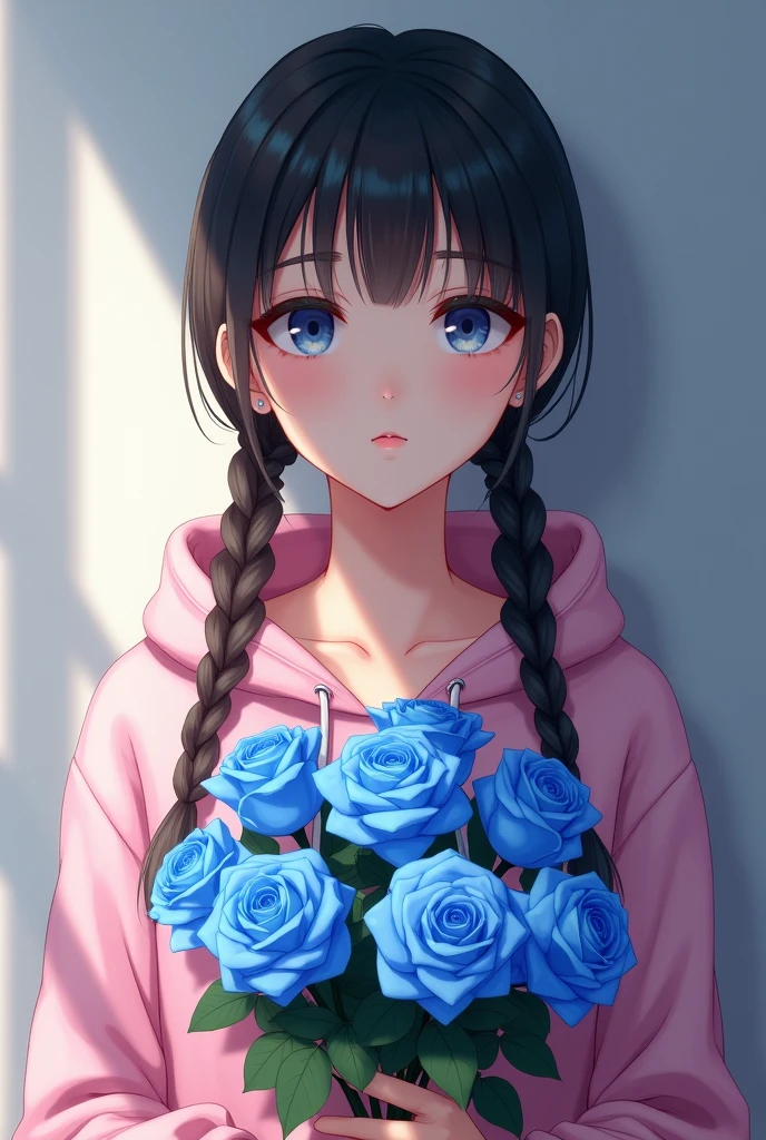 A female student holds a bouquet of blue roses at chest level, unbuttoned on the top of the collar, wearing a pink hoodie, with a straight face, braided hair on both sides, smiling with no teeth showing, the light shining into her face.