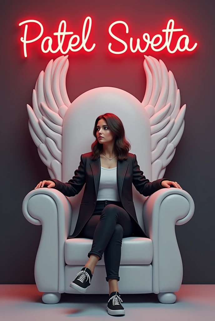 Create a 3D illustration for a profile picture where a  smart girl in a black  denim sitting casually on a King of Beasts Throne big and white chair. Wearing sneakersm He looks left side. The Background features “patel sweta ” in big and small letters red  neon light fonts on the dark grey wall. There should not be his shadow, and there are bigs wings in white   to make it appear as