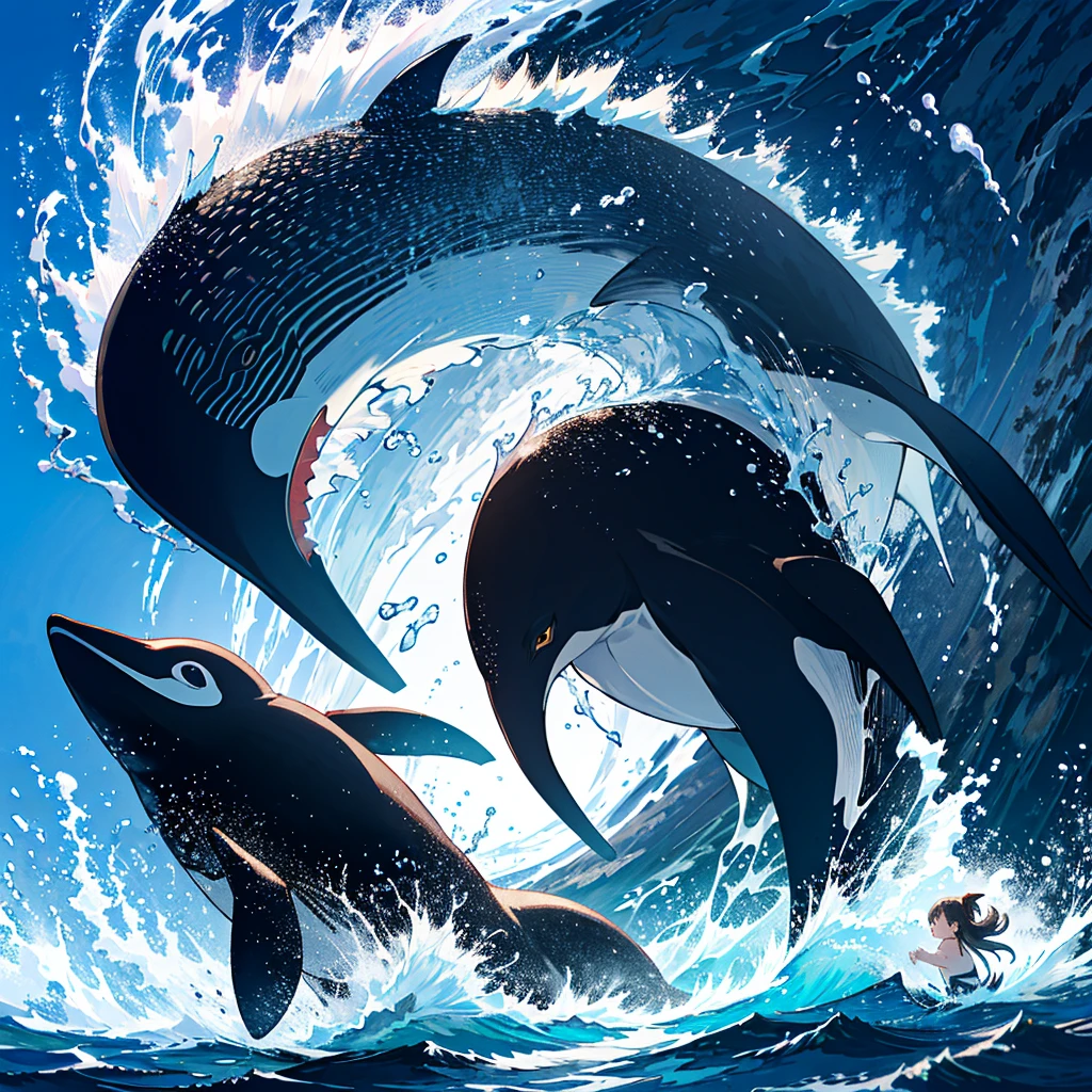 {{{Masterpiece, highest quality, high resolution background}}}, bright and beautiful atmosphere, 1 girl (, round face, baby face), small breasts, girl riding on a big penguin, penguin still carrying girl "deltamon_sdXL :0.73)>Deltamon" swimming vigorously in the sea, a large whale spewing out tide nearby