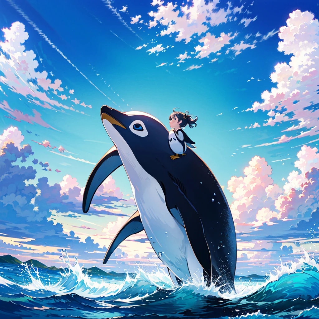 {{{Masterpiece, highest quality, high resolution background}}}, bright and beautiful atmosphere, 1 girl (, round face, baby face), small breasts, girl riding on a big penguin, penguin still carrying girl "deltamon_sdXL :0.73)>Deltamon" swimming vigorously in the sea, a large whale spewing out tide nearby
