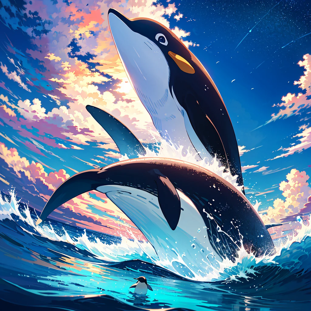 {{{Masterpiece, highest quality, high resolution background}}}, bright and beautiful atmosphere, 1 girl (, round face, ), small breasts, girl riding on a big penguin, penguin still carrying girl "deltamon_sdXL :0.73)>Deltamon" swimming vigorously in the sea, a large whale spewing out tide nearby