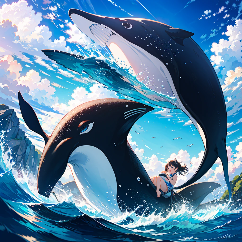 {{{Masterpiece, highest quality, high resolution background}}}, bright and beautiful atmosphere, 1 girl (, round face, baby face), small breasts, girl riding on a big penguin, penguin still carrying girl "deltamon_sdXL :0.73)>Deltamon" swimming vigorously in the sea, a large whale spewing out tide nearby