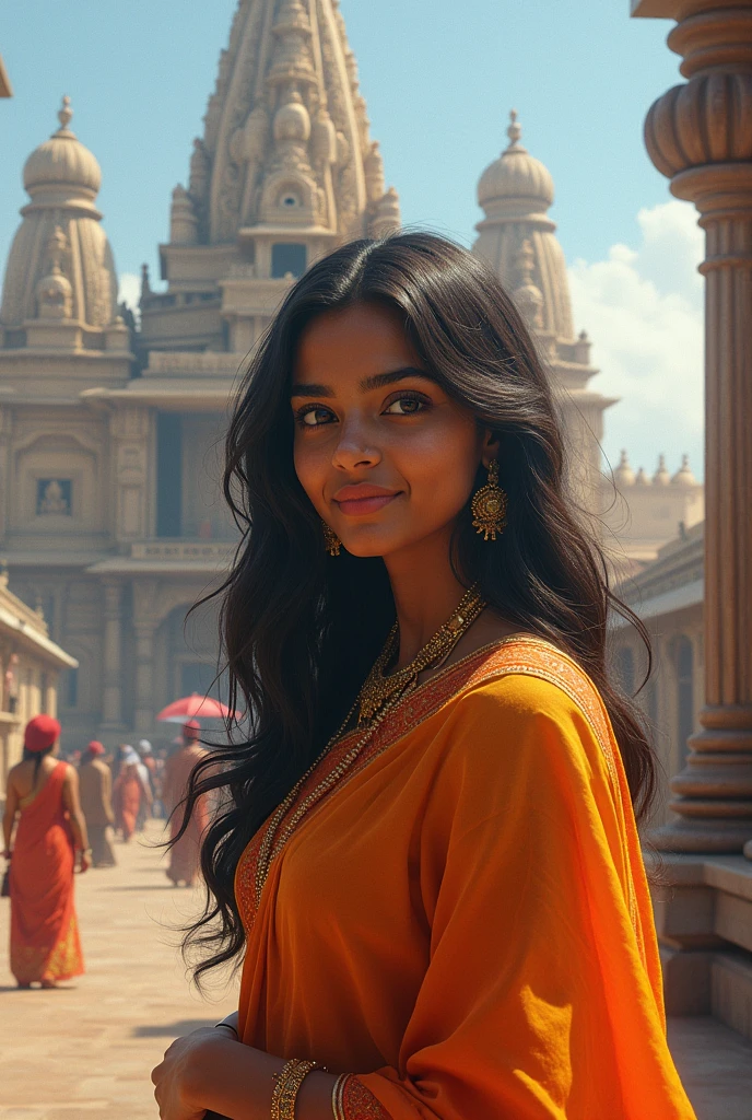 Beautiful Indian girl standing next to puri jagannath temple full pic
