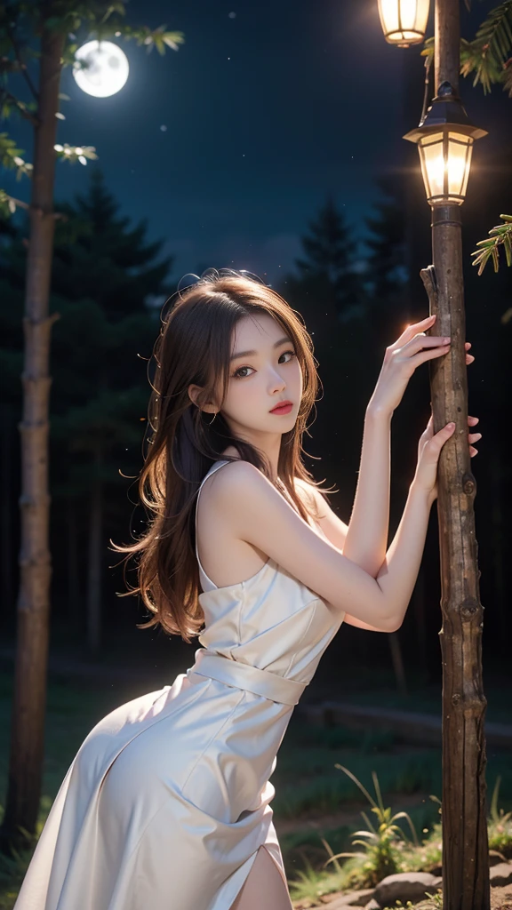 ulzzang-6500-v1.1, (RAW photo: 1.2), (Real photo), (Real photo: 1.4), 1 girl、Perfect anatomy、1、Looking at the camera、Medium length hair、white party dress, on the pine hill at night, with stars and moon, ((on the pine hill at night: 1.1))、(Business service)、Asian eyes Ella,