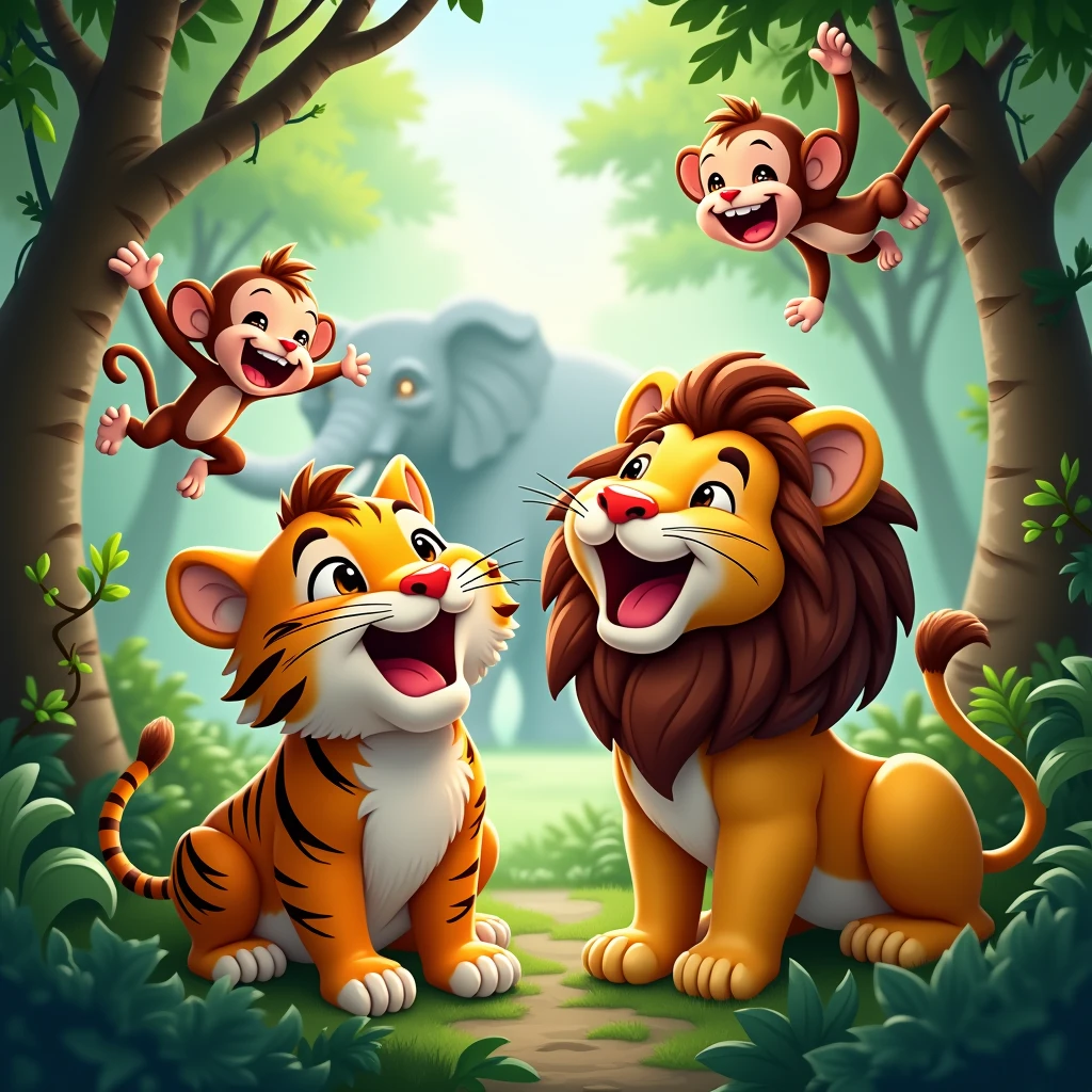 a tiger and a lion laughing happily in the jungle, monkey hanging on a tree, while elephant walking from a distance
