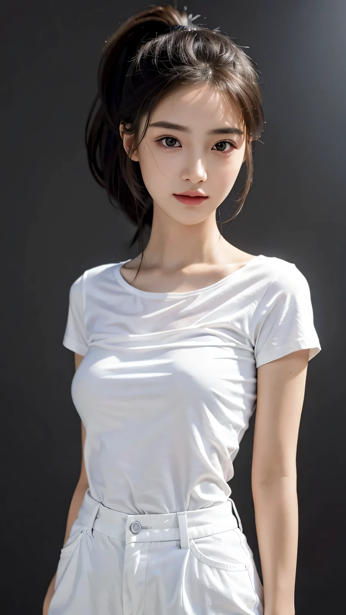Full body shot,White T-shirt,Half pants,Stand straight ahead,Background is black wall wall,Body in front,masutepiece, The highest image quality, High quality, the background is clear,Beautiful woman, Japanese, Detailed, Ultra-detailed, finely detail, hight resolution, 8K Wallpaper, Perfect dynamic composition, Beautiful detailed eyes ,Detailed eyes, Detailed skin, Beautiful skin, 超hight resolution, (reality: 1.4),Very beautiful woman, Slightly younger face, Beautiful skin, slender, (Ultra photo realsisim), (hight resolution), (8K), (Very detailed) (beautifully detailed eyes), (super detailed), (Detailed face), view the viewer, Fine details, Detailed face, Staring straight ahead, Staring straight ahead, photos realistic, Bright lighting, Professional Lighting, Black hair,poneyTail,a baby face,sixteen years old,Hairstyle: ponytail,Long ponytail hairstyle,slight smile,