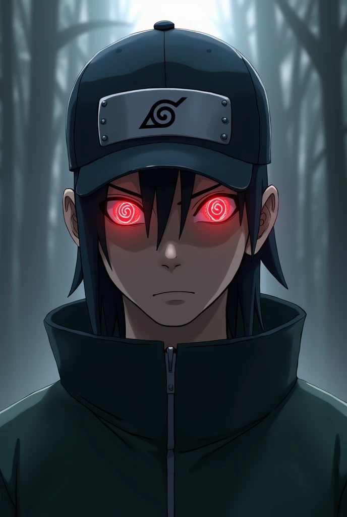 Naruto a hold a cap in head and eyes is Sharingan 