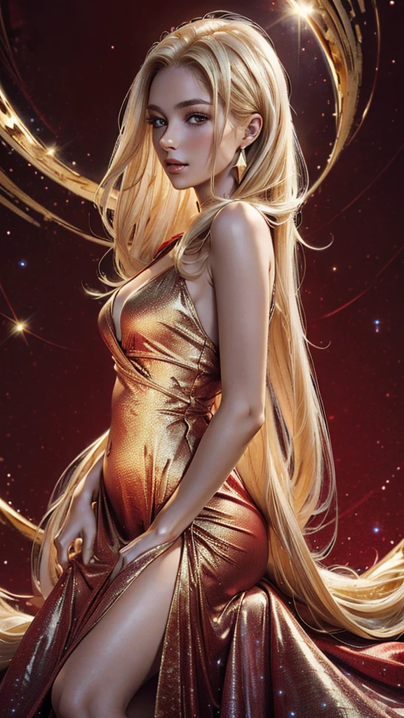 (masterpiece, best quality, ultra-detailed:1.2), 1girl, perfect curves, (g0ld3mb, gold:1.1), (glimmering galaxy dress:1.1), long straight blonde hair, laced hair, wrapped in white silk, (red background:1.2), riding a wolf  