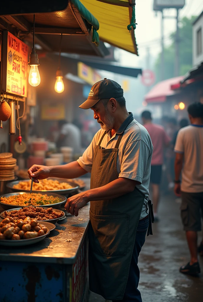 Filipino man vendor in apron in a karenderya