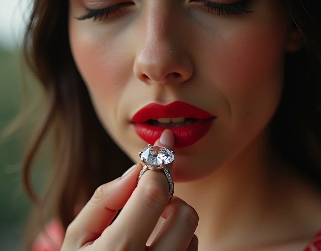 A close-up of the stunning beauty's bright red lips kissing the large diamond on the ring on her left ring finger.