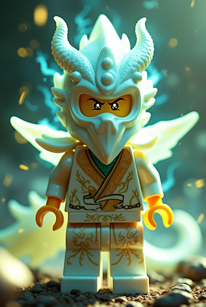 Créer moi un lego ninja go un grand maitre du spinjisu et du dragon ultime futuriste oni gentil et ninja béni avec un masque de oni et bienfaisant de couleur blanc et or sur la tête avec une peau lumiere et dans le visage il faut des traces d’électricité jaune et bleu foncé et un regard terrible lumineux avec des yeux en lumiere clair brillant avec une puissance incroyable avec comme puissance élémentaire l’électrique, l’énergie, la terre, le feu, la glace. Les habits du ninja doit être en blanc et or avec des reure en forme d’électricité brillant et vert clair et des écritures japonaise sacré en or et parchemin antique ultime en or. Un ninja imbattable monstrueux beaucoup trop puissant qui contrôle tout les pouvoirs élémentaire. Le ninja oni doit être gentil et exceptionnel