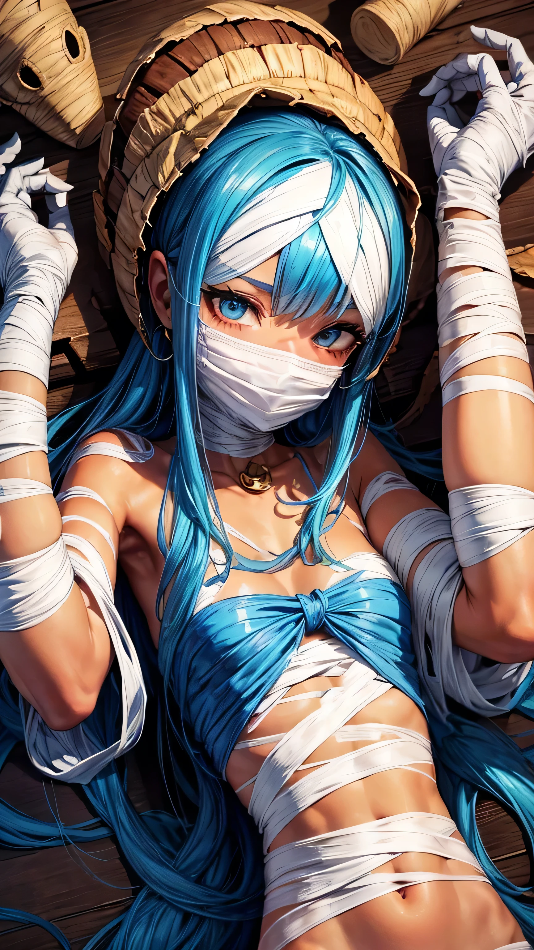 High quality, monster girl, mummy, bandages all over the body:1.2, wrapped up, face hidden, flaky skin, sexy,