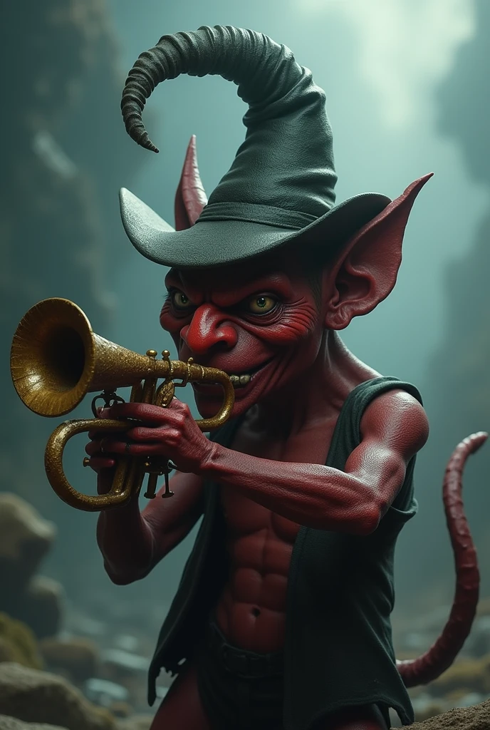 Devil with bad hat playing trumpet 