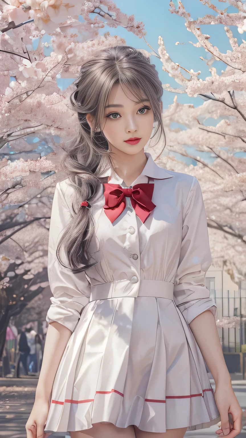 ((Girls standing on a row of cherry blossom trees)),top quality work,Real work,Ultra premium graphics,8K HD CG Works,high quality graphics,High-definition CG works,10x pixels,super fine details:1.1,Advanced technical details:1.1Photo-realistic,indoor lighting effects:1.5,Natural light:1.5. light effect(virtual light effect:1.8),超A high resolution,shiny red dress,長いsilver hair,silver hair,transparent hair,high detail hair(premium hair detail:1.1)clear eyes,beautiful double eyelids,sharp eye makeup, delicate eyelash makeup, thin eyebrows, highly detailed eyes,high nose, nice red lips, rose cheeks, A face with delicate makeup , cute face, perfectly proportioned face,(Advanced facial details:1.1),shiny,Wonderful dress,bright red series,(white blazer) 、(white blouse)、(red bow tie)、(checked skirt)、(My skirt flies up in the wind)、white panties are visible、girls school uniform、photo shoot,woman'artwork of,full body figure,Realism,wonderful,My eyes are shining today、(smile),(Cherry blossom petals are dancing)、((In a blizzard of flowers))、(smile),