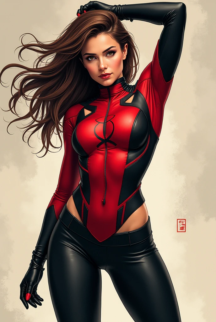 Comic style, A girl in X-Men red-black herosuit with yellow X-Men logo on the chest with cutouts, some back parts too, the girl have brown fluffy layered long hair, brown hair, bodysuit, gloves, no sleeves, 