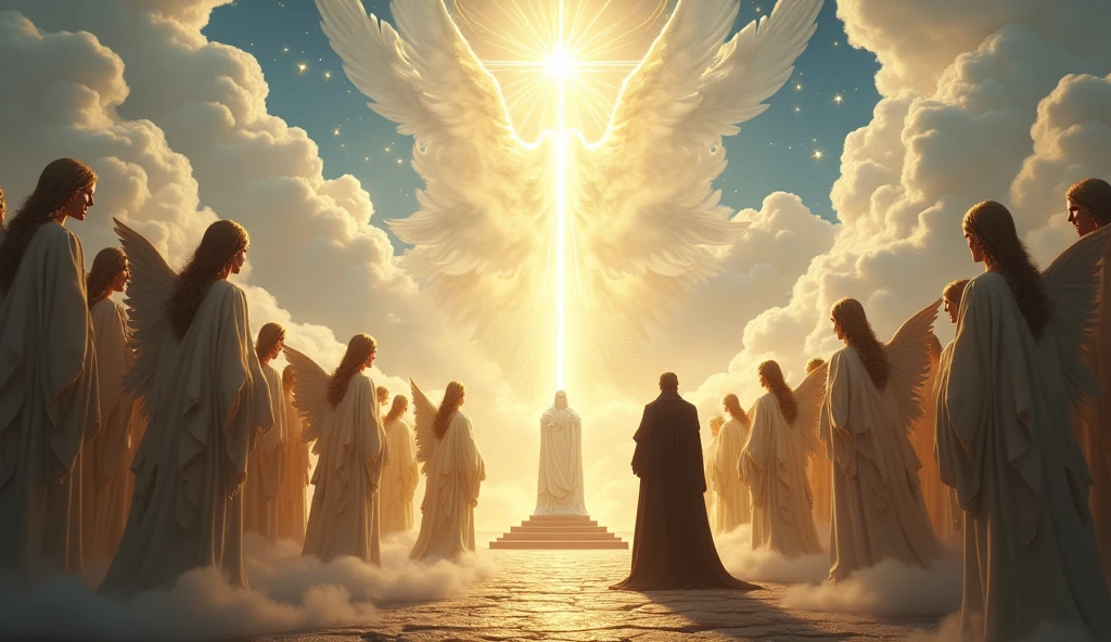 Create a dramatic, realistic scene that depicts a heavenly moment described in Job 1:6. The image must show an assembly of angelic beings, representing the children of God, in an atmosphere of divine light and serenity. At the center, a shining throne symbolizing the presence of the Lord. Ao lado do trono, Satan is represented in an imposing way, with black cloak, but with a sly expression, contrasting with the purity of the angels around him. The scenery should include white clouds and a celestial glow, reflecting the majesty of the sky. The color palette should include golden tones, azuis e brancos, evoking a sense of reverence and mystery.