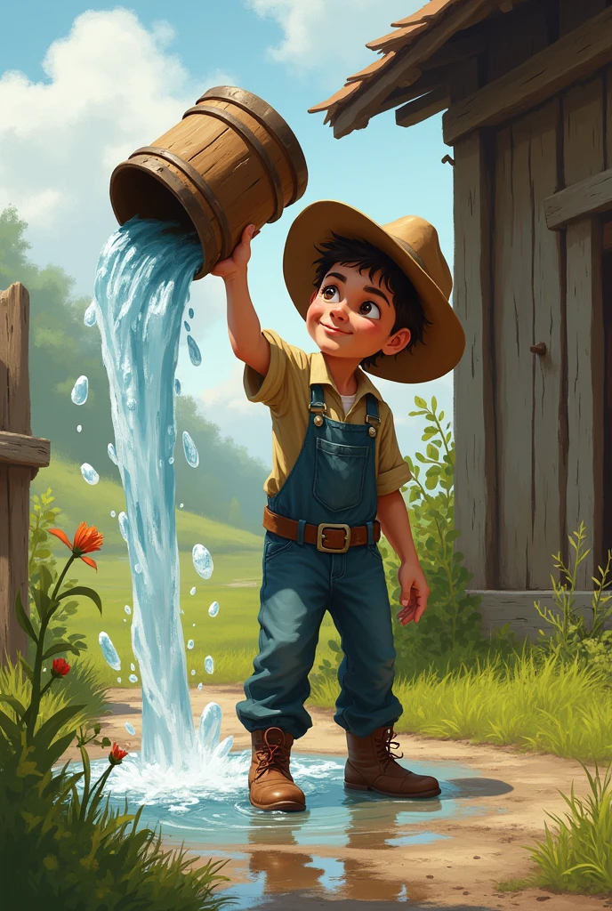 A farmer boy pouring water sideways with a bucket