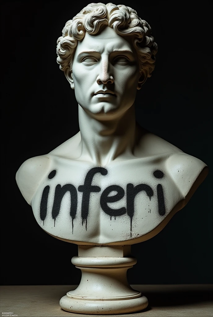 Greek bust with the word inferi sprayed on it