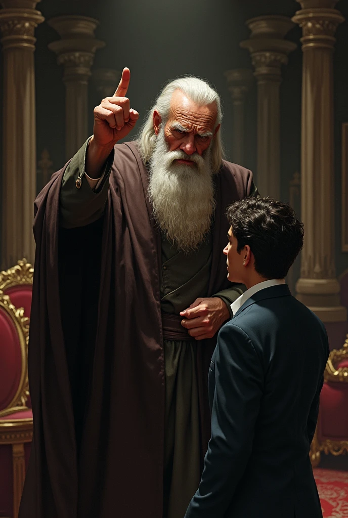 The old man is forbidding his son to say something to the woman