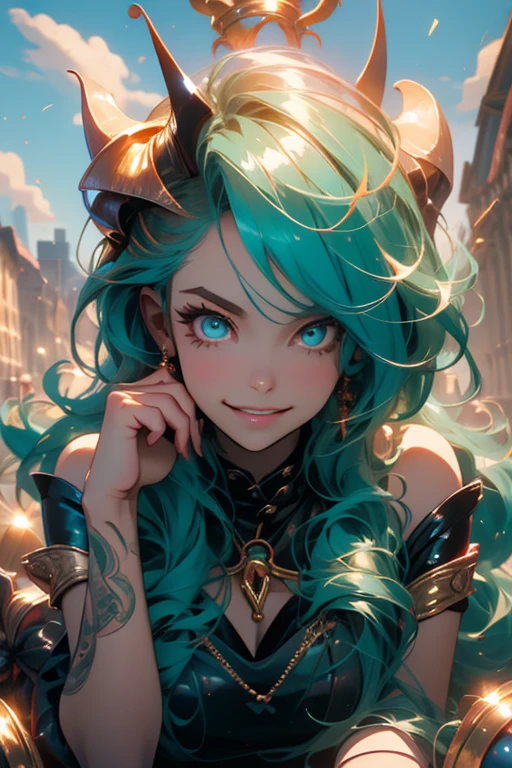 Perfect face. Perfect hands. A teal haired woman with golden eyes and an hourglass figure with golden horns in a golden gown is smiling while laying down in a landscape of brimstone