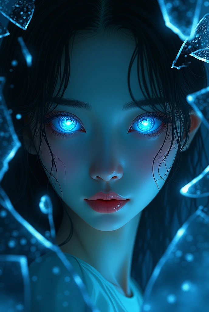 Create a cover for a book, showing fragmented glass, In the darkness, bright light blue Asian female eyes stand out , that shine in the darkness of broken glass