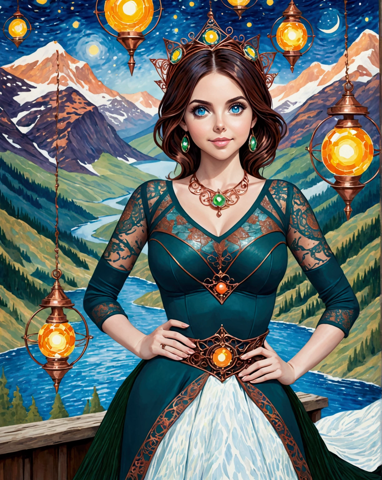 Steampunk Inspired Elven Princess. Copper Wire Necklaces & Bangles. Crown Of Fine Copper Wire. Copper Coloured Tatoos Cover Her Face And Body Intricate & Beautiful Designs. Hands On Hips. Ember Colored Eyes. Pure White Dress, Hemmed With Copper, Covered In Copper Lace & Filligree. Cppper Designs Cover The Skirt In A Kaleidoscope Of Copper Designs. Background Is Forrest. A Blend Of Ariel Winter & Alison Brie, Symmetrical Face Exudes Elegance &Grace. Cozy, Romantic Lighting. Cheerful Smile. Copper Hair That Shimmers And Sparkles In The Light. Hourglass Figure.