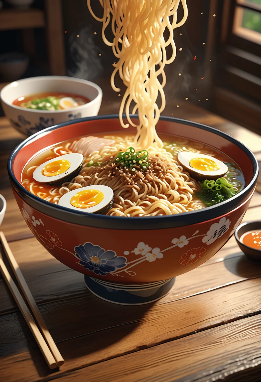 ramen noodles, highly detailed, sharp focus, umami, realistic, photorealistic, 8k, best quality, masterpiece, realistic steam, realistic broth, ceramic bowl, wooden table, natural lighting, warm color tones, cinematic composition