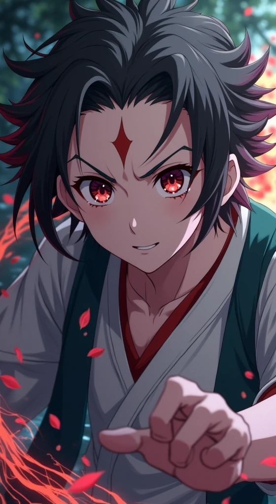 Ultra detailed, highres, absurdres, HDR, master piece, Kamado Tanjirou, ruffled black hair with burgundy tips, expressive dark red eyes, Kimetsu No Yaiba, water, autumn, petals, orange and yellow leaves, sexy girl, solo, beatiful, demon slayer uniform, green haori, best quality, red mark on his forehead, holding katana, fire katana, fight, epic
