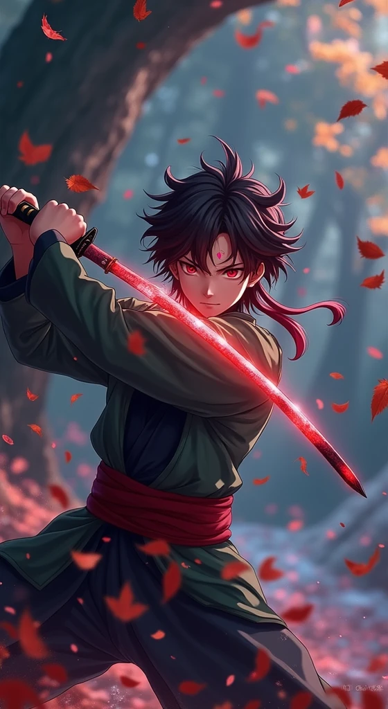 Ultra detailed, highres, absurdres, HDR, master piece, Kamado Tanjirou, ruffled black hair with burgundy tips, expressive dark red eyes, Kimetsu No Yaiba, water, autumn, petals, orange and yellow leaves, sexy girl, solo, beatiful, demon slayer uniform, green haori, best quality, red mark on his forehead, holding katana, fire katana, fight, epic