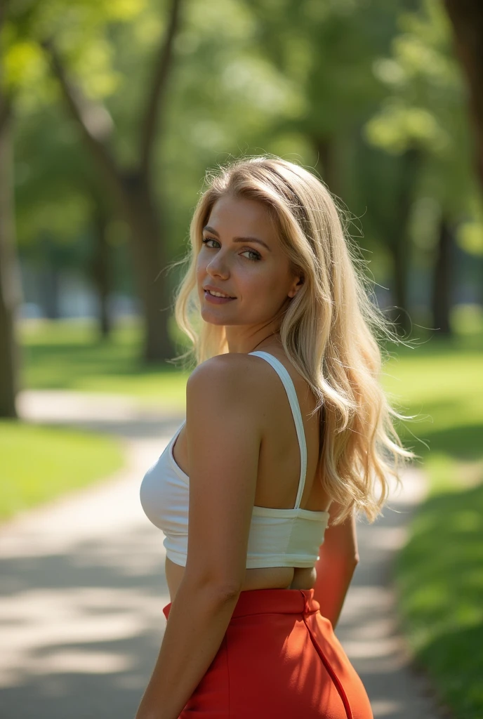 photo of a blonde woman in the park 