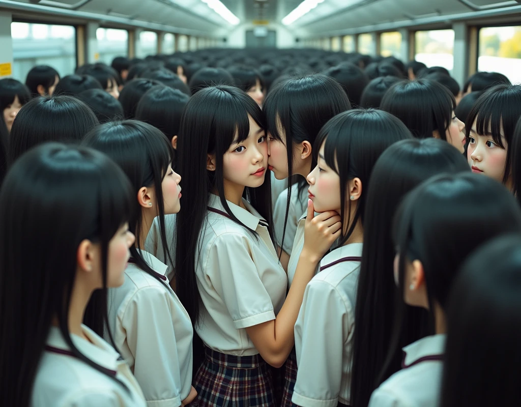 (Japanese Clone-girls=Myself), (Super Best masterpiece Clone-girls Raw Photography Art), (16K, Highest quality, Ultra-high resolution, RAW Photos), (It's so unrealistic., With unparalleled depiction, With an unfathomable sight, An unprecedented and shocking worldview, Clone-girls: In a world of mass reproduction, Ultra-realistic depiction), (Japanese Girls, Hamabe-Minami, 18yo), (Small face, Thick black hair, long hair, Dark Eyes, Mature face, Cute Smile, Smiling face, A gentle gaze), (Very pleasant look), (Very beautiful and detailed girl, Accurate body structure, Accurate body movements, Very detailed body), (Super big breasts, Large bulge of ample breasts), (high school girl, White shirt, Short skirt, hour々I can see your pants, Cleavage Emphasis, Emphasise the fullness of your breasts), (Very detailed, Myself cloning, Depiction of splitting oneself, 1Myself girl→1,000,000,000,000,000,000,000,000,000,000Myself cloning girls), (Myself clone girlsは, With the same perfect appearance, to multiply in large numbers), (Very detailed depiction, Myself's multiplying female body, In the same female body,With the same face, With the same hairstyle, In the same clothes, At the same height, 同じSuper big breastsで, A completely indistinguishable female body, 1,000,000,000,000,000,000,000,000,000,000 people), (Myself girls only), (1,000,000,000,000,000,000,000,000,000,000Myself girls))))), In a crowded train, Extremely crowded, Myself in the crowd, Physical contact, hug, kiss, Happy smile, No front shot