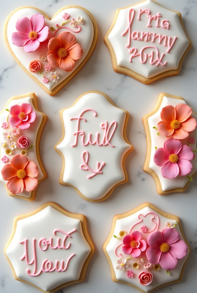 Icing Cookies、pastel、Written by hand、Flower、Contour、design、Botanical、Artistic, Very detailed, 8 pieces、From above、pink、orange、masterpiece, calligraphy