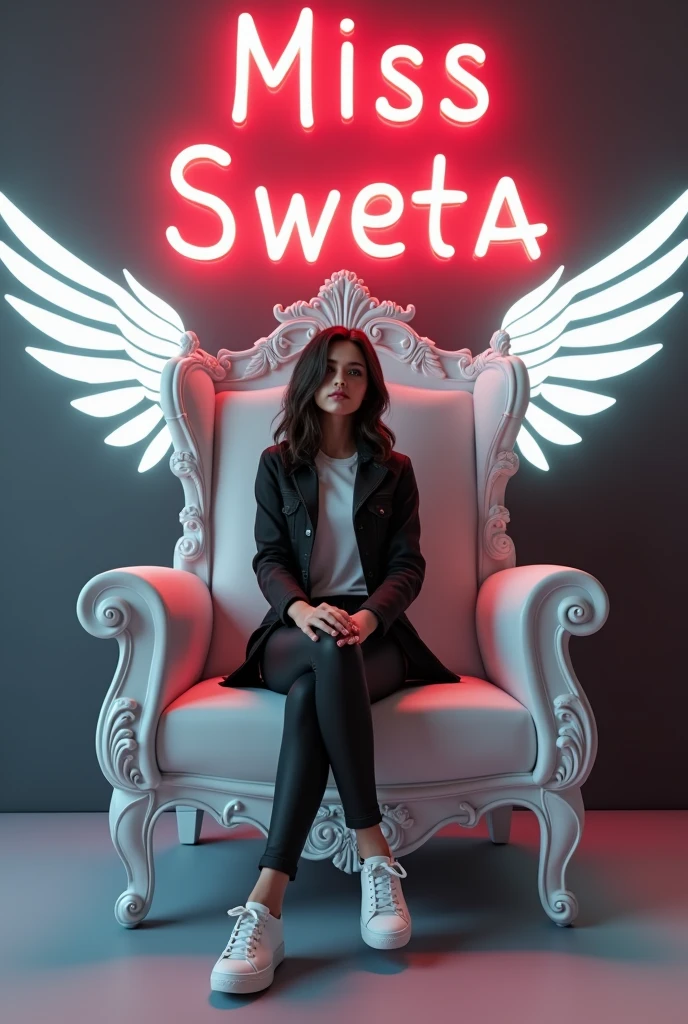 Create a 3D illustration for a profile picture where a smart girl in a black denim sitting casually on a King of Beasts Throne big and white chair. Wearing sneakersm He looks left side. The Background features “miss sweta ” in big and small letters red neon light fonts on the dark grey wall. There should not be his shadow, and there are bigs wings in white to make it appear as