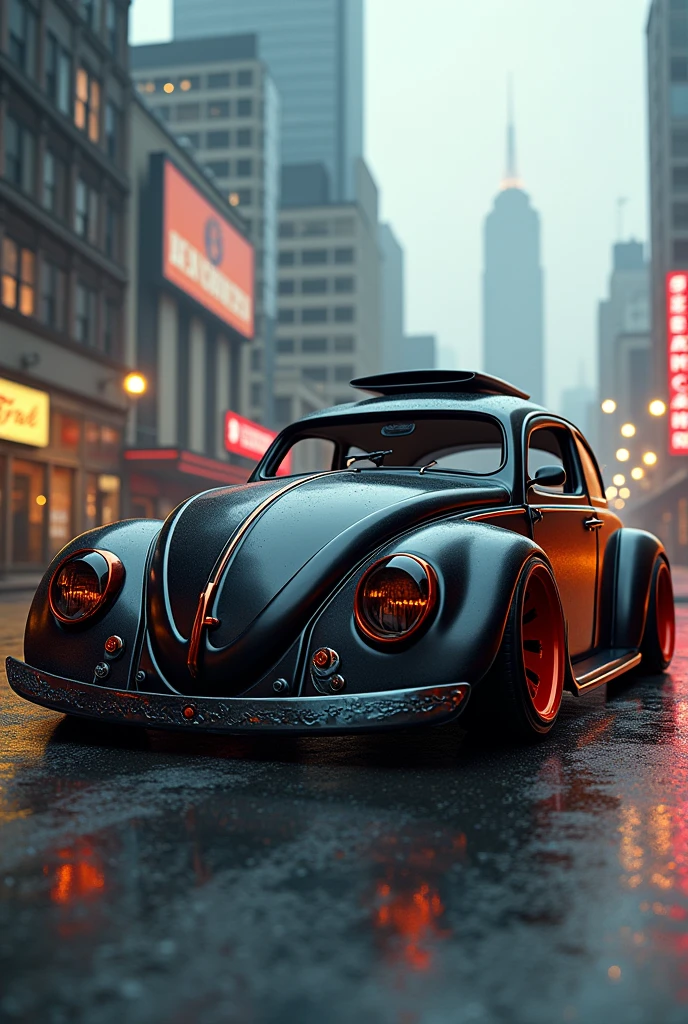 A Volkswagen Beetle modified to look as much like Hotwheels' Bad to the Blade as possible