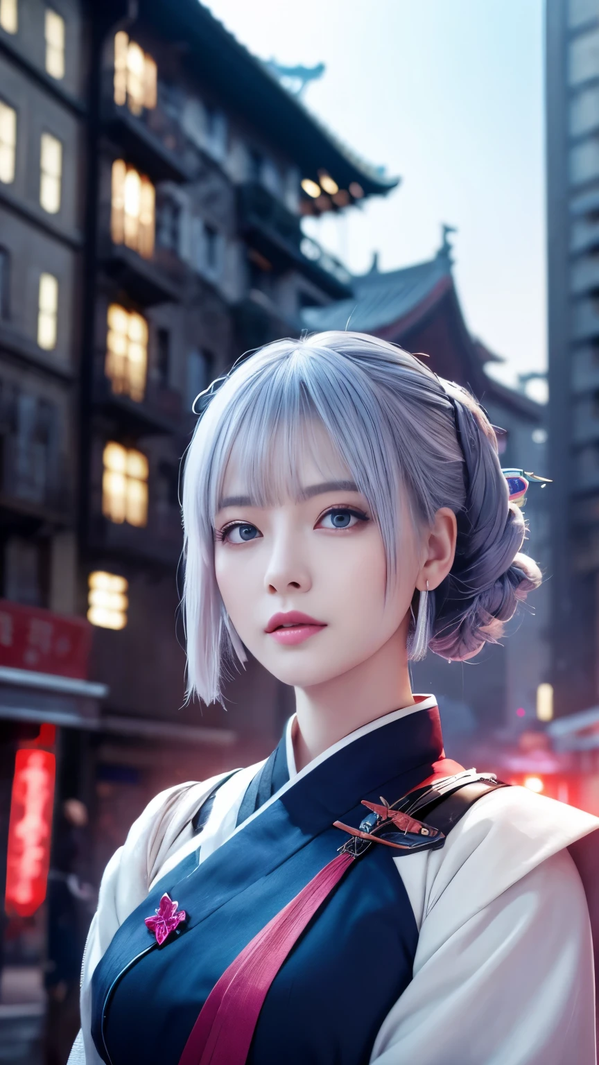 masterpiece, high quality、high resolution、High resolution、wonderful, (CG illustration、8k )、night, Outdoor, ancient China, ((2 women)), Mature Woman, Blue and white hair color, Gray blue eyes, Pale pink lips, Indifference, 真swordさ, bangs,Surreal Onmyoji、 assassin, sword, Facial details, Facial details、purple、red、Upper Body、、sexy、Alluring、Bright effects、Bold、Dynamic action scenes、Flying between buildings、
