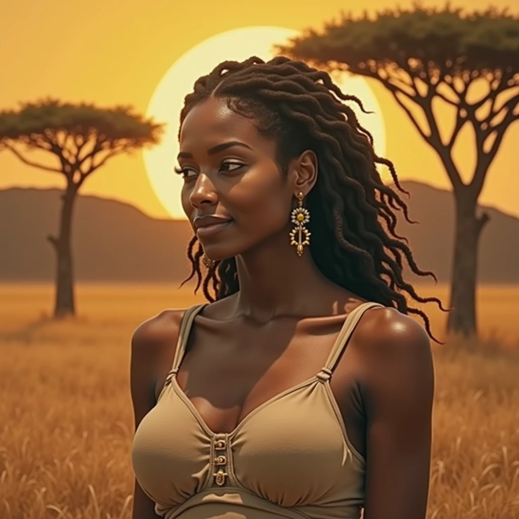 Medium shots of a captivating African naked ebony, an alluring woman with flowing ebony hair cascading down her back, dressed innothing, standing regally against the backdrop of Mount Kilimanjaro, with the golden hues of sunrise painting the sky, exuding strength and grace, nsfw