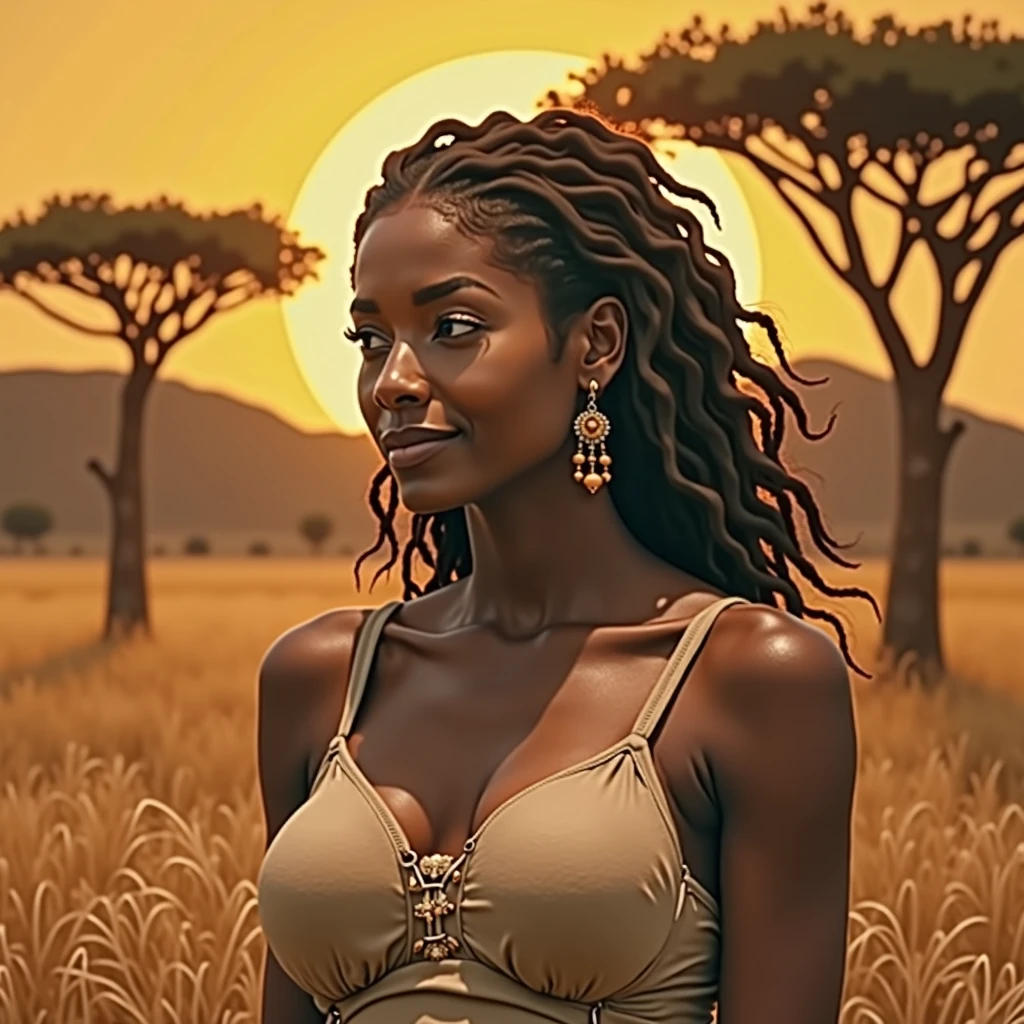 Fully nude black woman in artistic style with focus on the vagina area, thick thighs,small breasts sample in the savannah