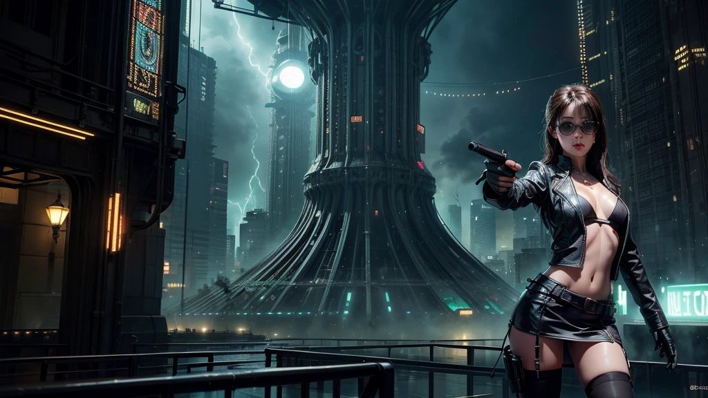(Wide angle view). Matrix film inspired city, simple outlined neon tall buildings, glowing giant clock tower, lightning, close-up glowing matrix cascading code, 3D rendering Beeple. At night, (1girl, solo, alone), photorealistic, large-breast slim:0.6 body, oval:0.5 face, cleavage:1.1, miniskirt, deep-v, ((upskirt)), glove, (Matrix style black micro sunglasses), ((aiming viewer with a short gun)), (half-body thigh level close-up shot), cinematic lighting, ray tracing.